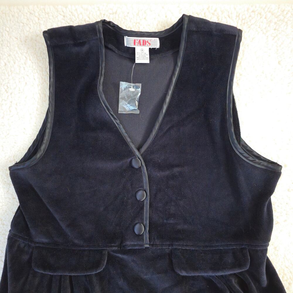 Vintage NOS 90s FADS Black SOFT Velour Satin Sleeveless Romper Jumper Dress M 8